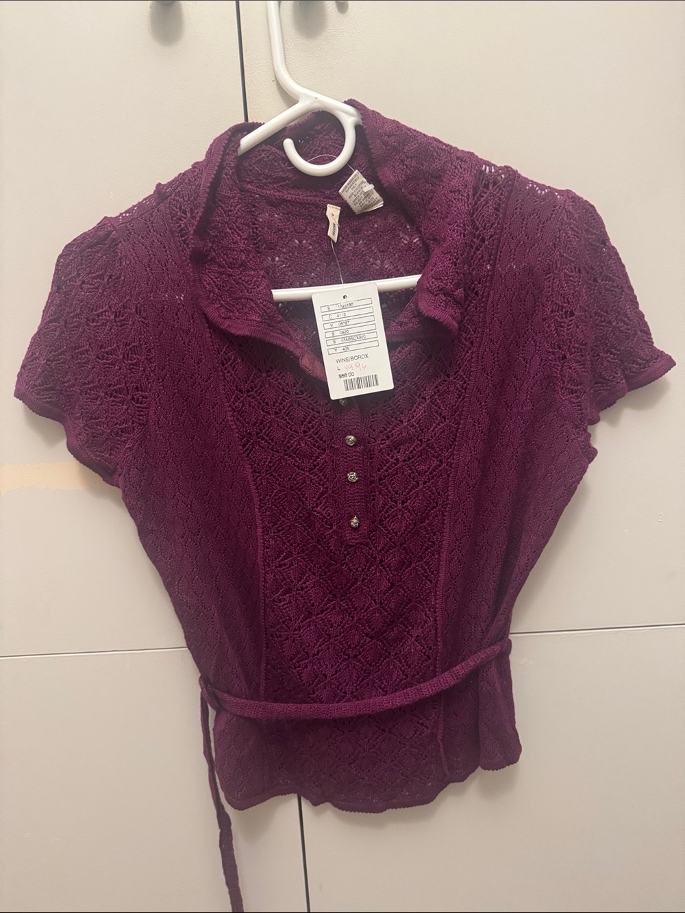 Anthropologie Moth Lace Knit Top with Belt - Plum - NWT - L fits like M